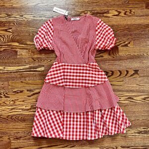 Runway Paris Brand Red Gingham Checked Dress Wrap Style Top, Tiered, Sz S NWT